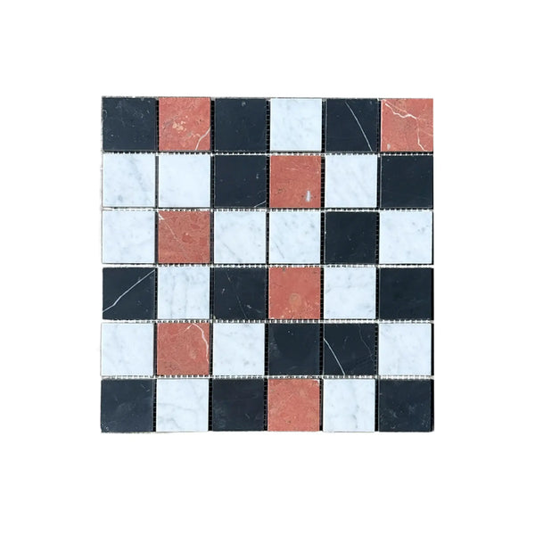 Checkerboard mosaic tile sheet featuring Rojo Alicante, Carrara White, and Nero Marquina