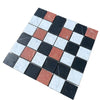 Checkerboard mosaic tile sheet featuring Rojo Alicante, Carrara White, and Nero Marquina
