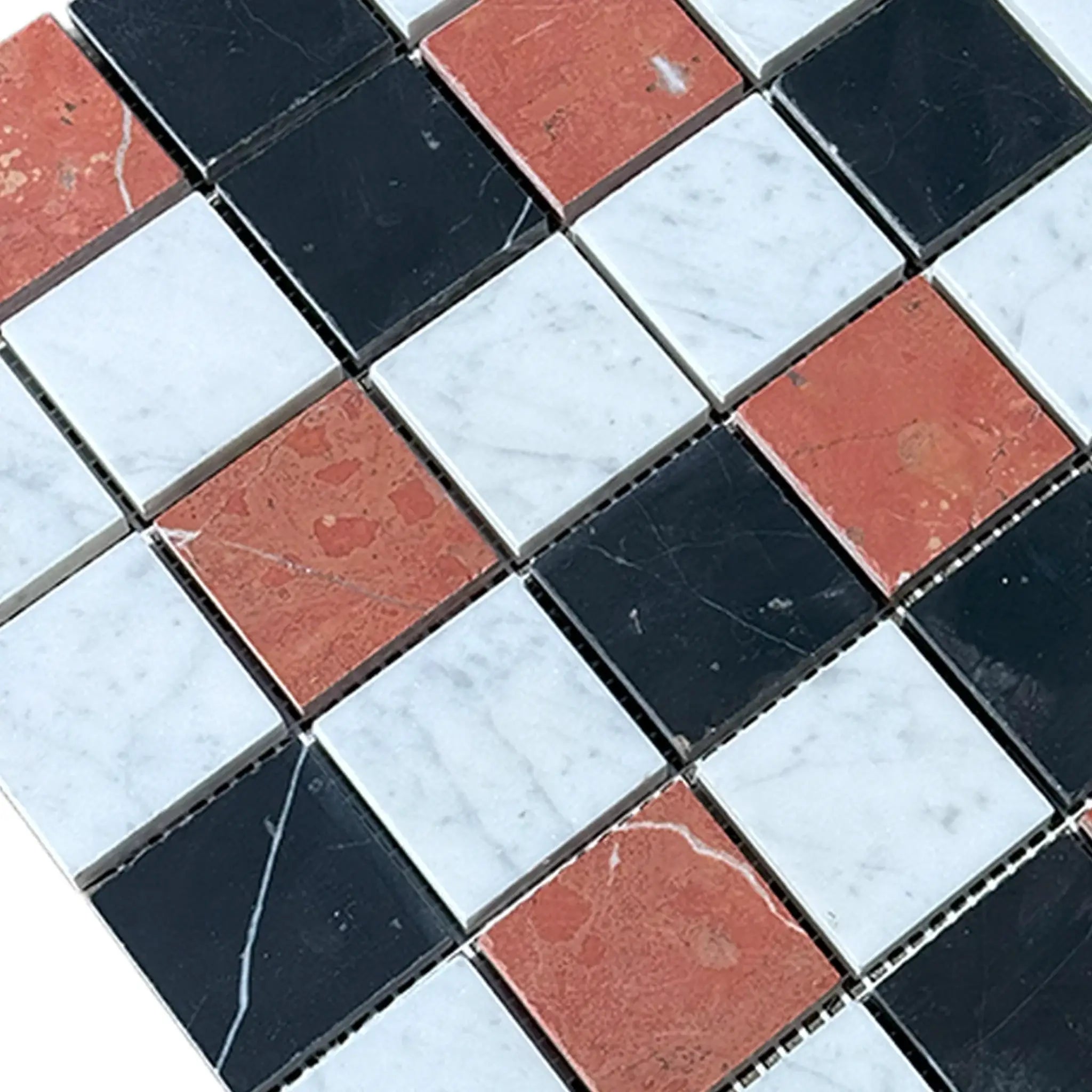 Checkerboard mosaic tile pattern in Rojo Alicante, Carrara White, and Nero Marquina 2X2