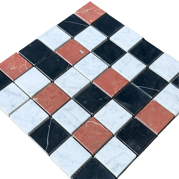 Checkerboard mosaic tile pattern featuring Rojo Alicante, Carrara White, and Nero Marquina