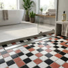 The floor features a 2x2 mosaic checkerboard pattern of rojo alicante terracotta, carrara white, and nero marquina marble tiles