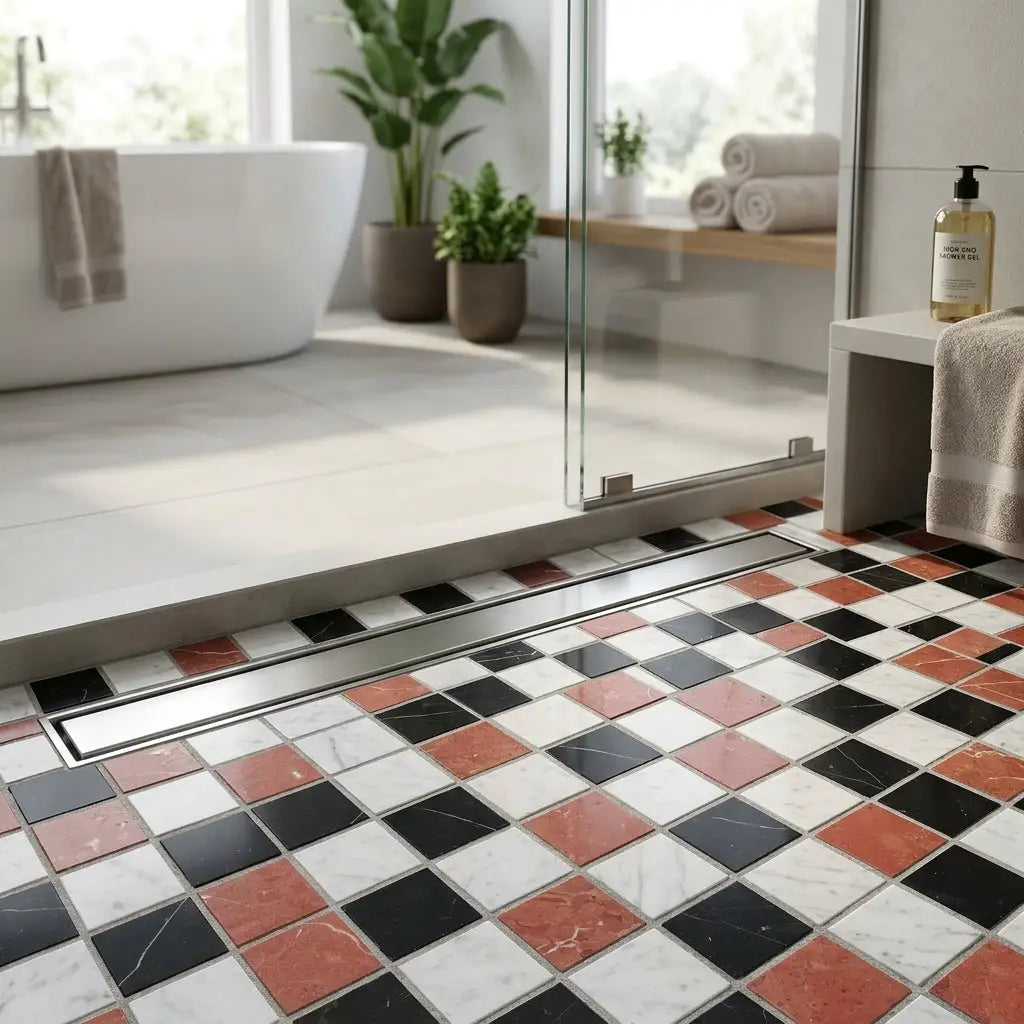 The floor features a 2x2 mosaic checkerboard pattern of rojo alicante terracotta, carrara white, and nero marquina marble tiles
