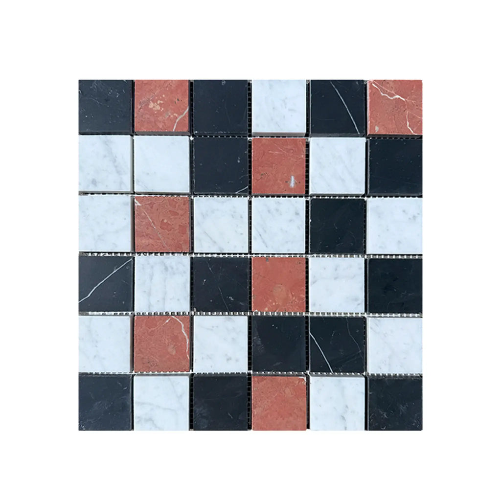 Square mosaic tile pattern featuring Rojo Alicante, Carrara White, and Nero Marquina