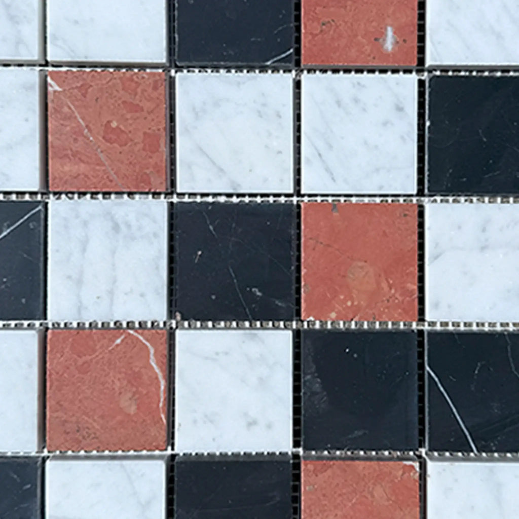 Mosaic tile pattern of Rojo Alicante, Carrara White, and Nero Marquina 2X2 Mosaic