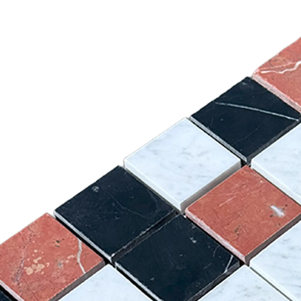 Mosaic tile pattern featuring Rojo Alicante, Carrara White, and Nero Marquina colors