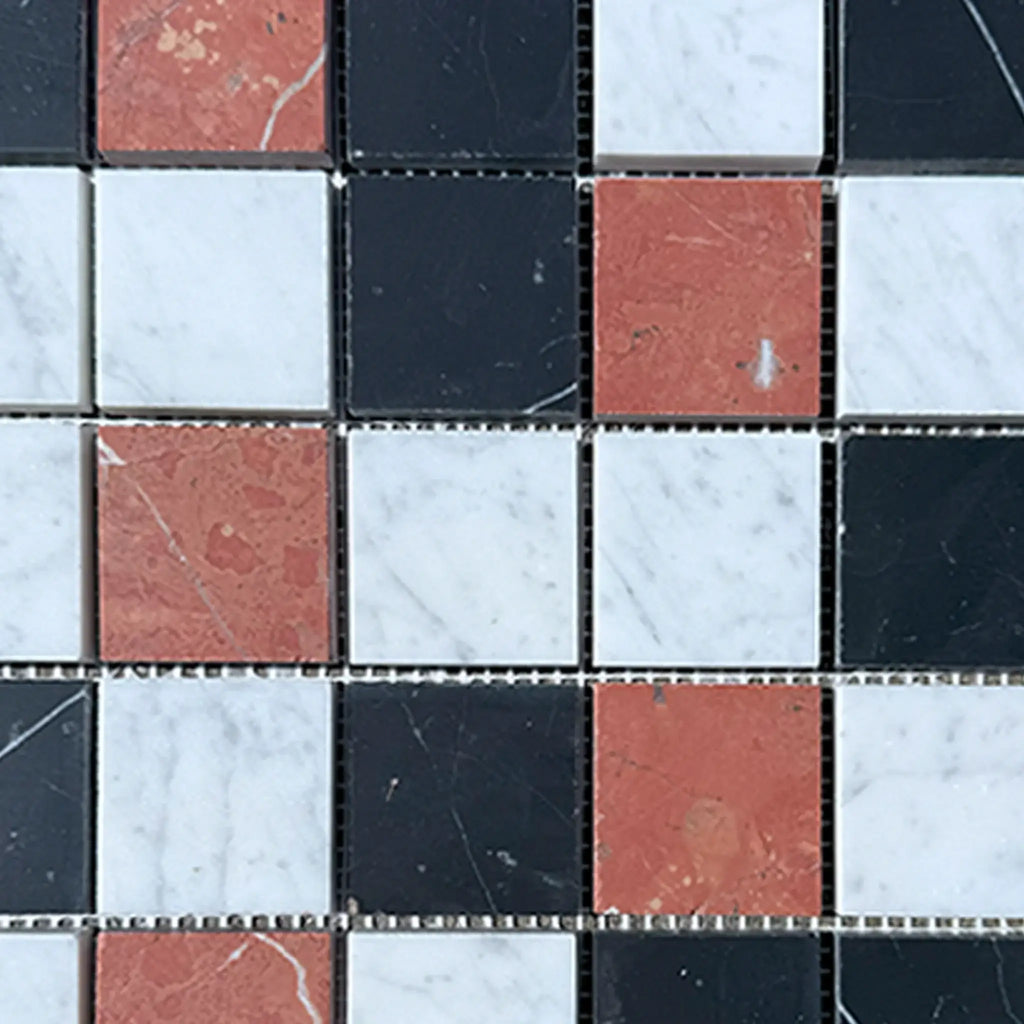 Mosaic tile pattern featuring Rojo Alicante, Carrara White, and Nero Marquina colors