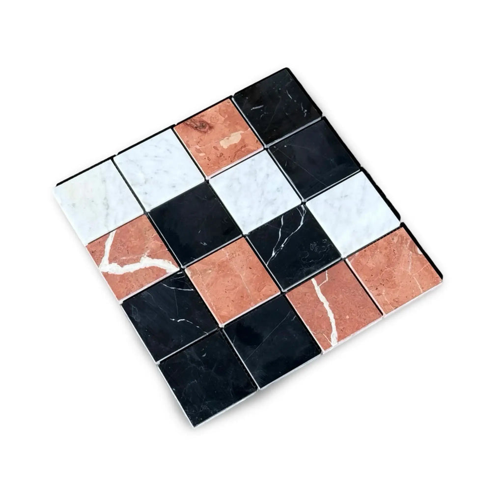 Checkerboard marble tile pattern of Rojo Alicante, Carrara White, and Nero Marquina Mosaic