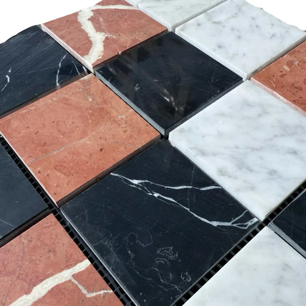 Checkerboard marble tile pattern in Rojo Alicante, Carrara White, and Nero Marquina mosaic