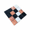Checkerboard marble tile pattern in Rojo Alicante, Carrara White, and Nero Marquina mosaic