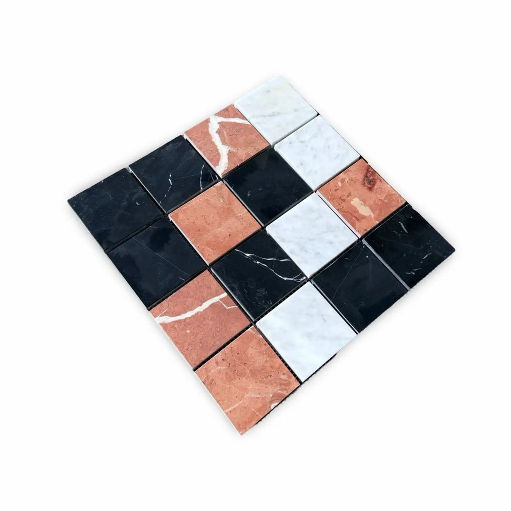 Checkerboard marble tile pattern in Rojo Alicante, Carrara White, and Nero Marquina mosaic