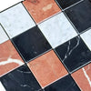 Checkerboard marble tile pattern of Rojo Alicante, Carrara White, and Nero Marquina mosaic
