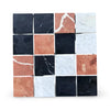 Square marble tile mosaic featuring Rojo Alicante, Carrara White, and Nero Marquina