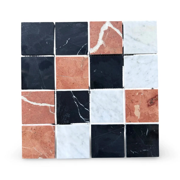 Square marble tile mosaic featuring Rojo Alicante, Carrara White, and Nero Marquina