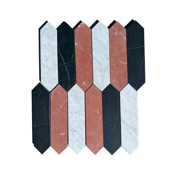 Arrow-shaped marble mosaic tiles in Rojo Alicante, Carrara White, and Nero Marquina