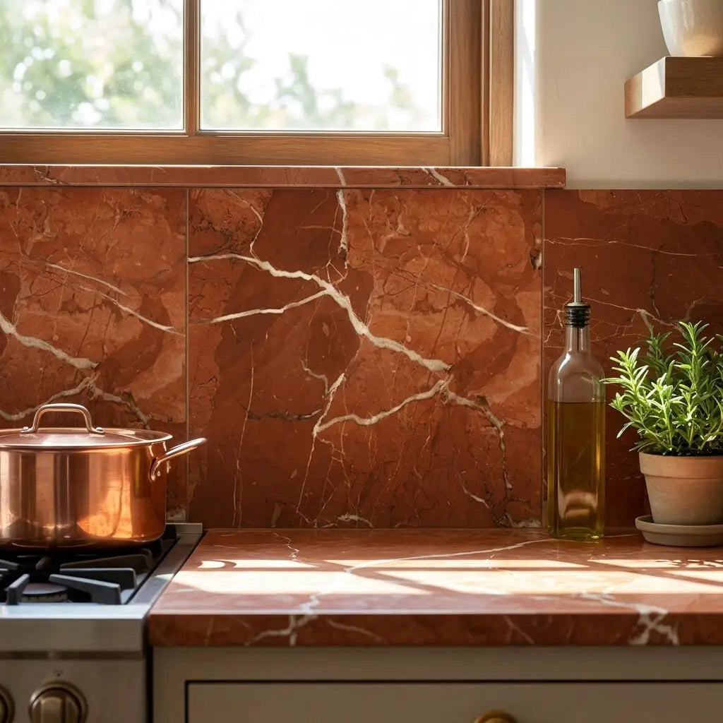 Copper pot with lid and two handles on stovetop placed on rojo alicante marble 12x12 honed-polished tile surface