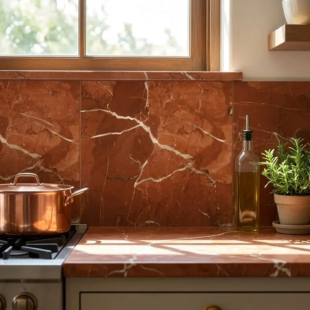 A copper pot with lid on a stovetop resting on rojo alicante marble 12x12 honed polished tile surface