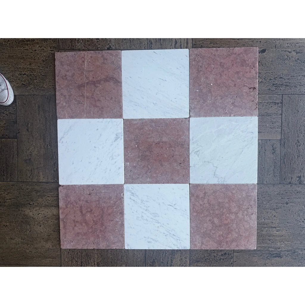 Checkerboard tile pattern on Rojo Alicante Marble 12X12 Tumbled product display