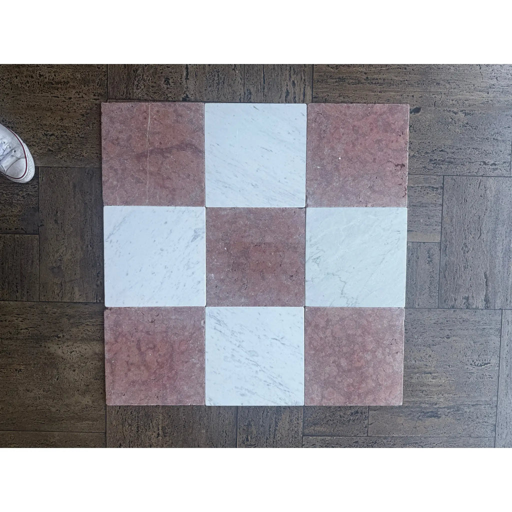 Checkerboard tile pattern in Rojo Alicante Marble 12X12 Tumbled for elegant flooring design