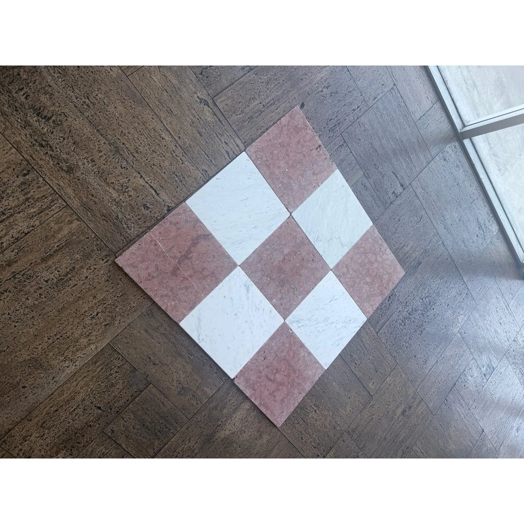 Checkerboard tile pattern on Rojo Alicante Marble 12x12 Tumbled flooring