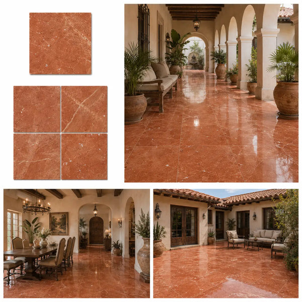 Polished rojo alicante marble floor tiles 18x18 in terracotta color with natural veining and honed finish