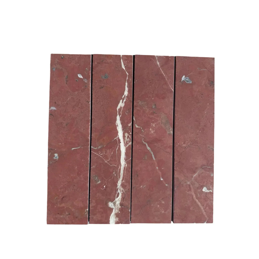 Rojo Alicante Marble 3’’ X 12’’ Field Tile featuring red marble with white veining