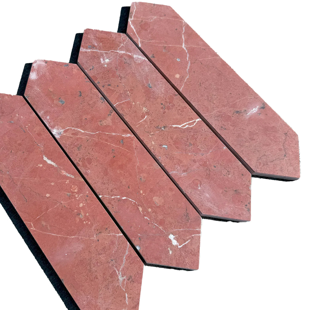 Red marble mosaic tiles featuring Rojo Alicante Marble in a 3’’ x 12’’ picket design