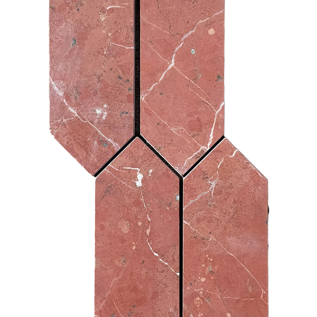 Red marble mosaic tiles in Rojo Alicante Marble 3’’ X 12’’ Picket Mosaic design