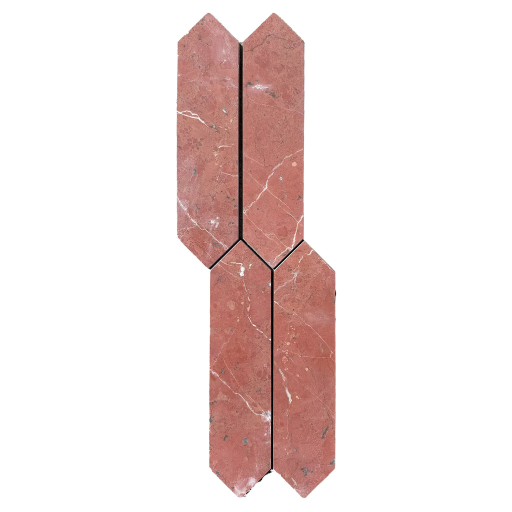 Red marble mosaic tile in Rojo Alicante Marble 3’’ X 12’’ Picket Mosaic design