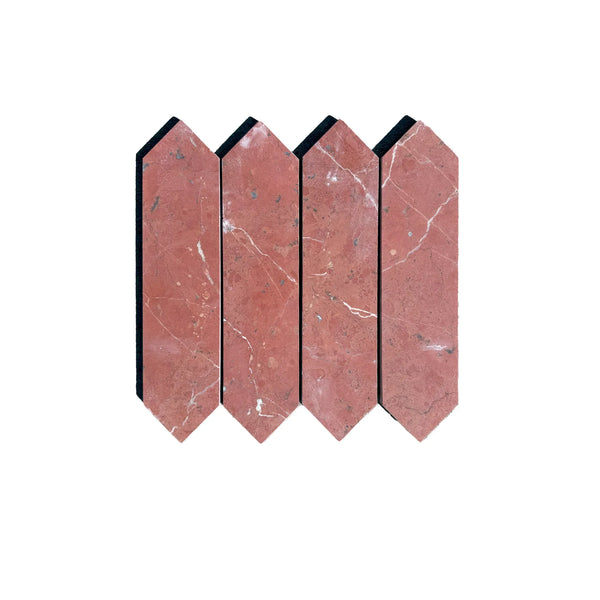 Red marble picket fence tiles from Rojo Alicante Marble 3’’ X 12’’ Picket Mosaic