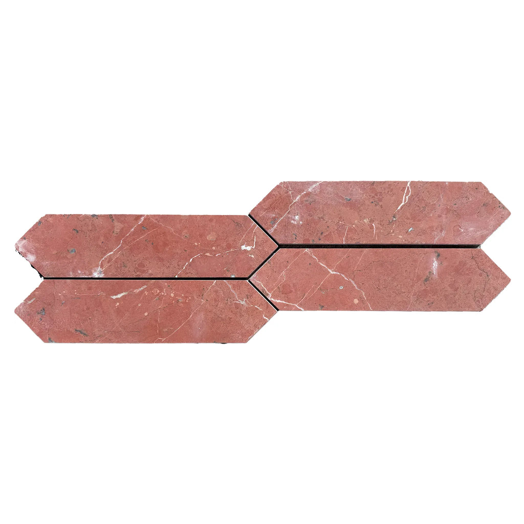 Red marble arrow tiles in Rojo Alicante Marble 3’’ X 12’’ Picket Mosaic design