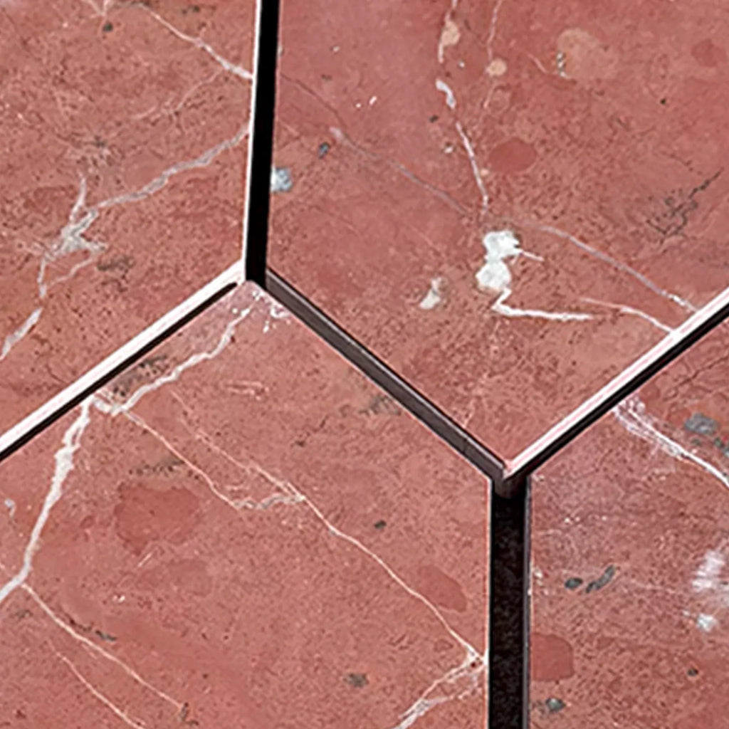 Red marble hexagon tiles in Rojo Alicante Marble 3 X 12 Picket Mosaic design