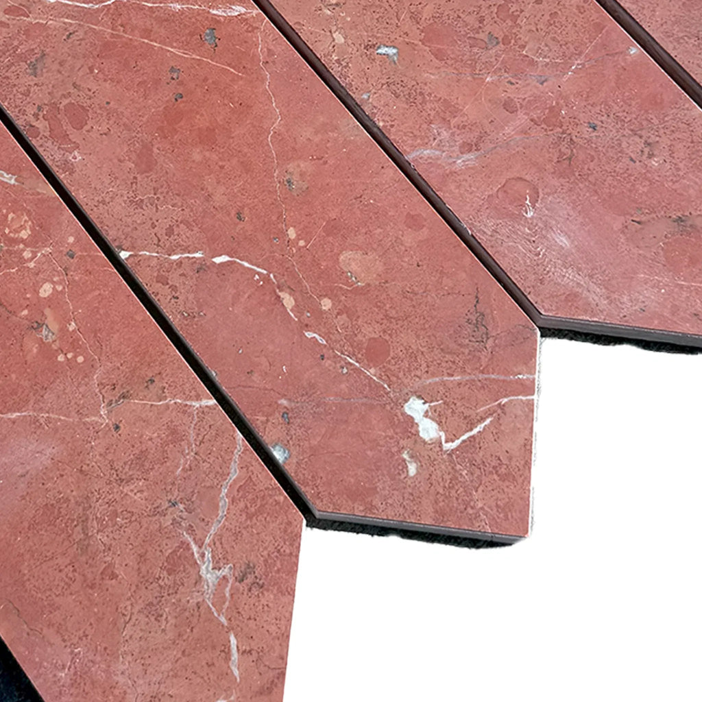 Red Marble Tiles in Rojo Alicante Marble 3’’ X 12’’ Picket Mosaic Design