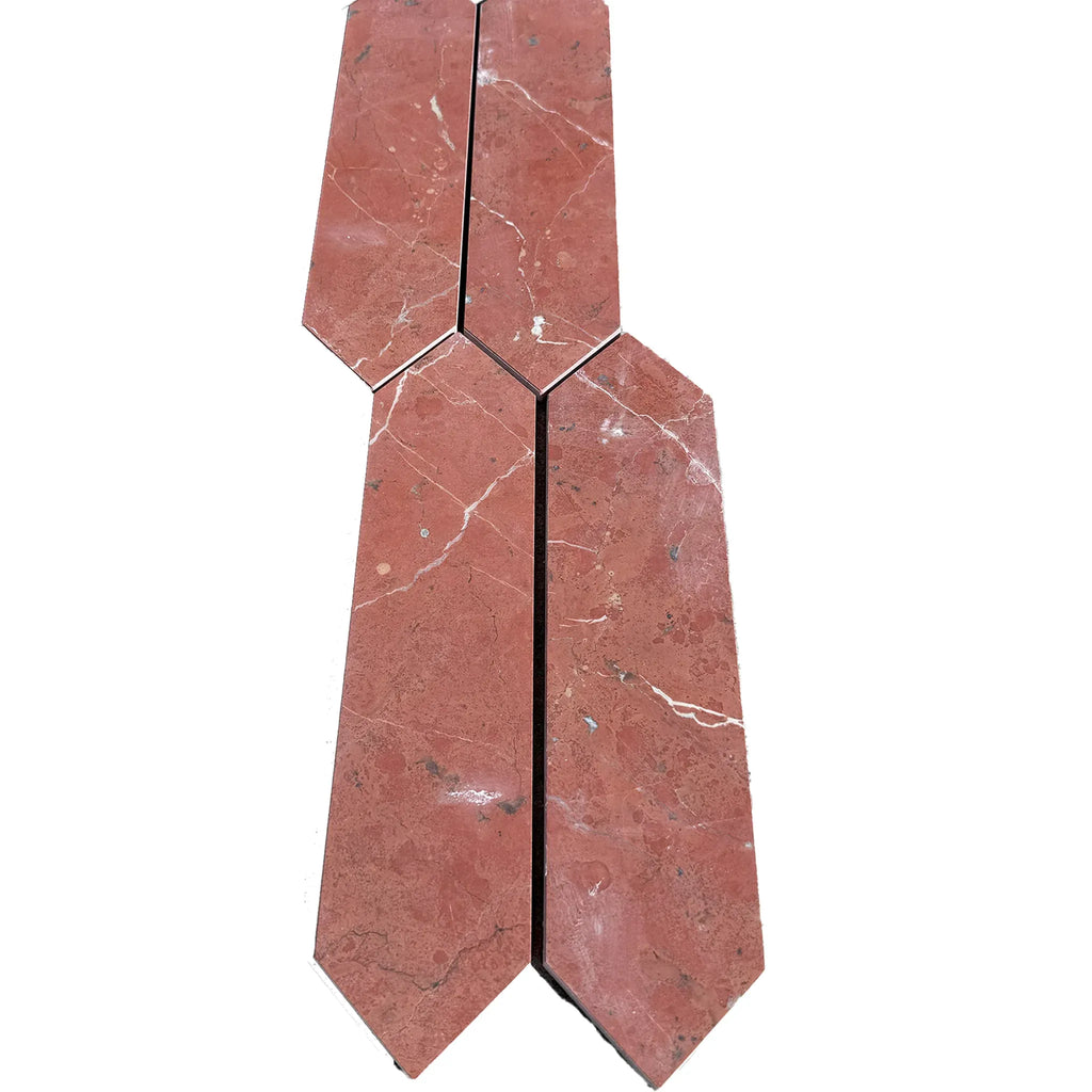 Red marble tiles in Rojo Alicante Marble 3’’ X 12’’ Picket Mosaic design