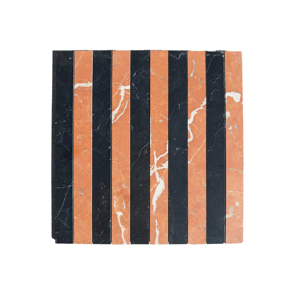 Striped marble tile in Rojo Alicante and Nero Marquina 1 1/8 X 12 Mosaic design