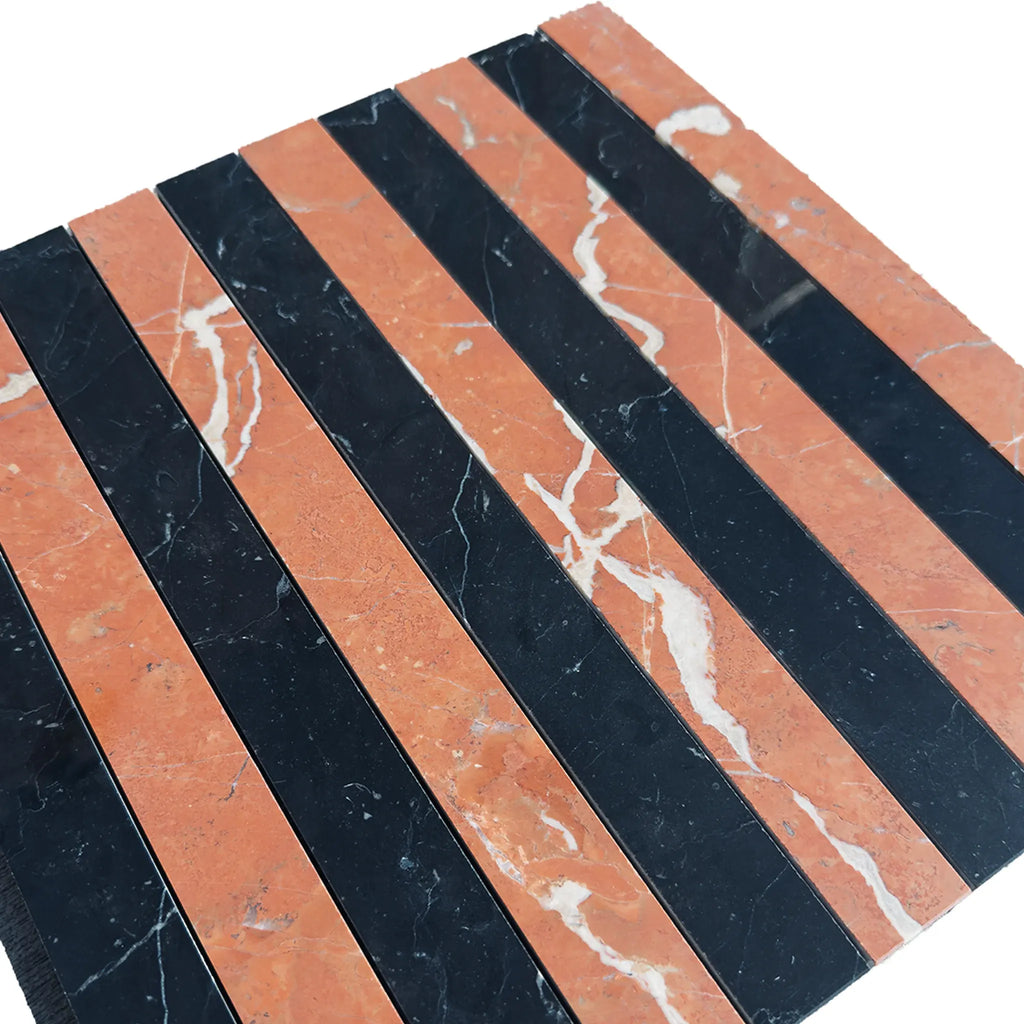 Striped marble tile pattern of Rojo Alicante and Nero Marquina Marble Mosaic