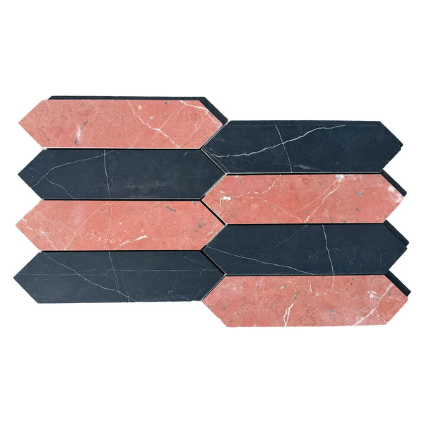 Alternating pink and black marble mosaic tiles in Rojo Alicante & Nero Marquina design