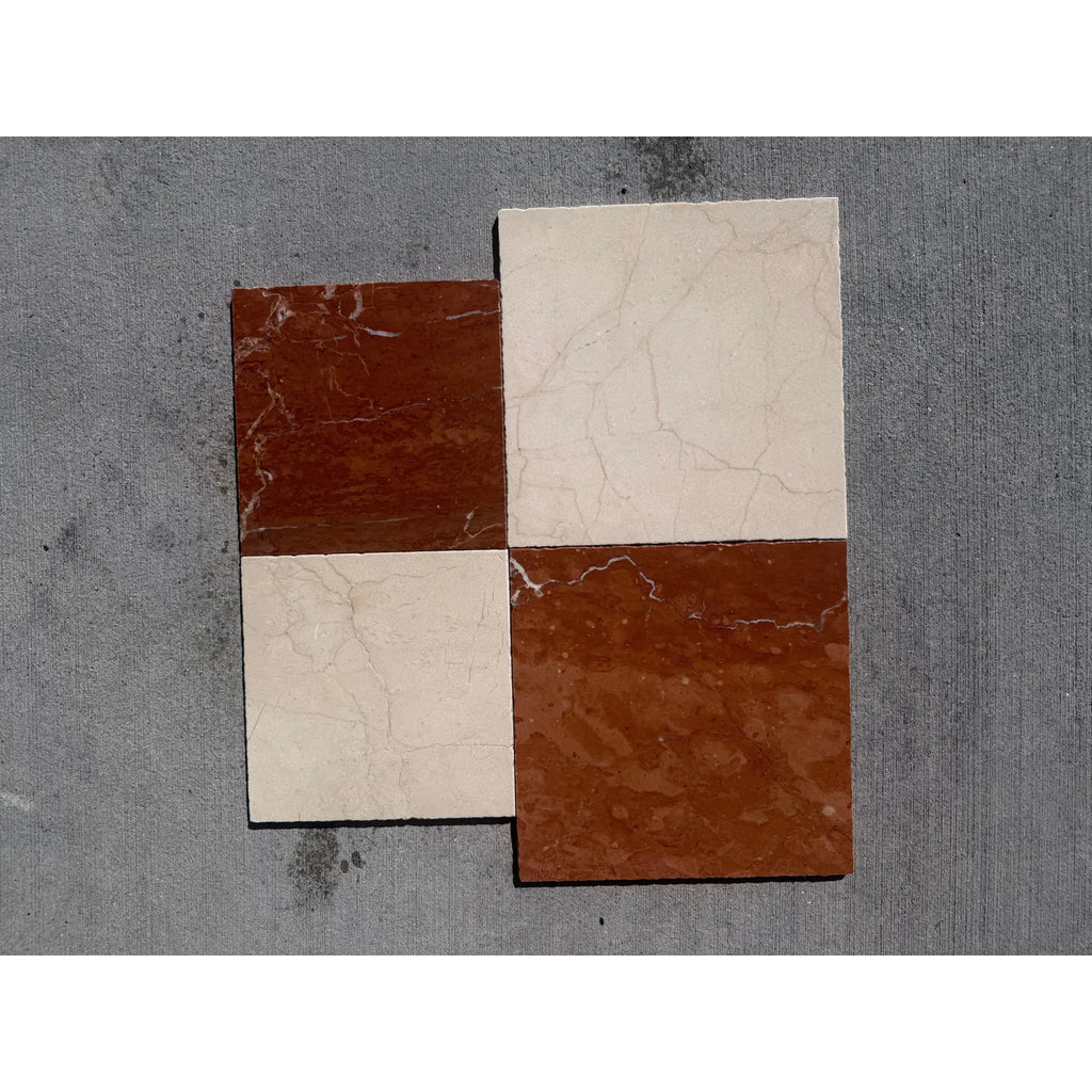 Four Rojo Alicante Rustic Modern Tumbled marble tiles in reddish-brown and off-white