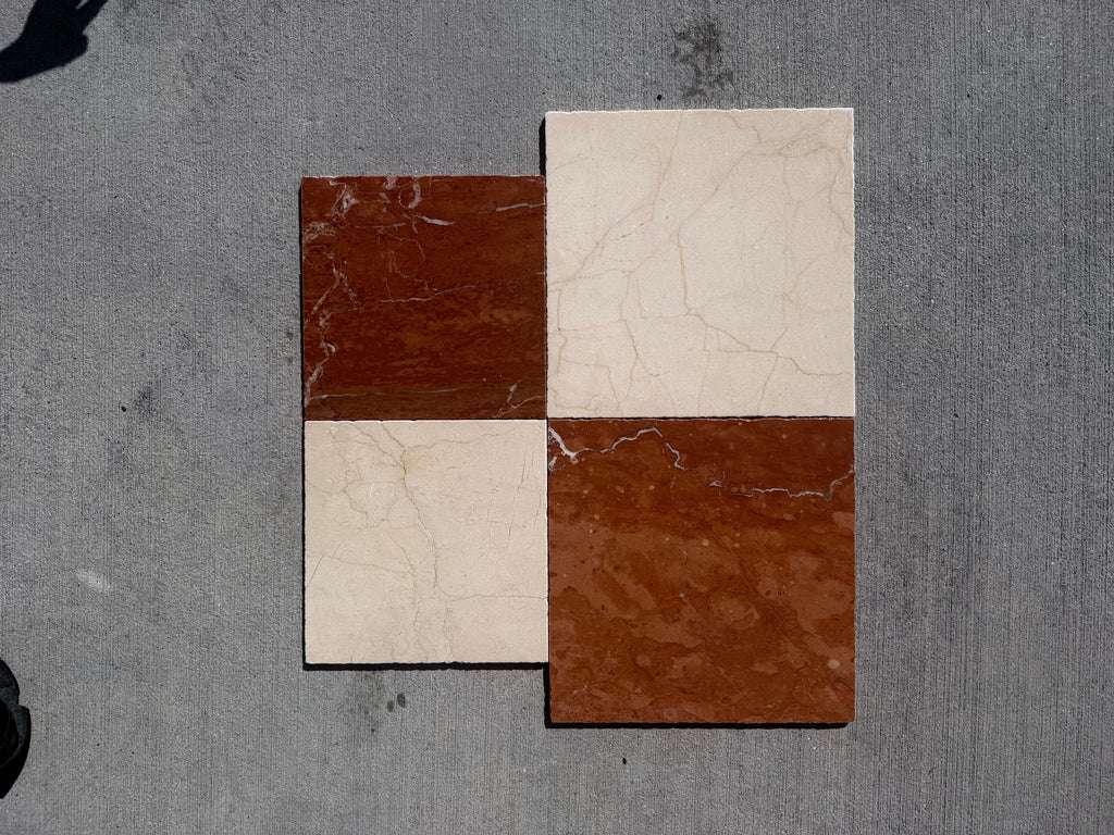Four Rojo Alicante Rustic Modern Tumbled marble tiles in reddish-brown and off-white
