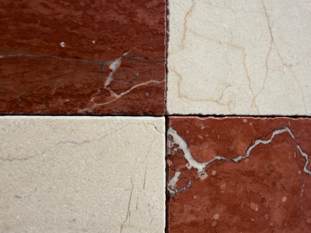 Red and beige Rojo Alicante Rustic Modern Tumbled marble tiles with natural veining