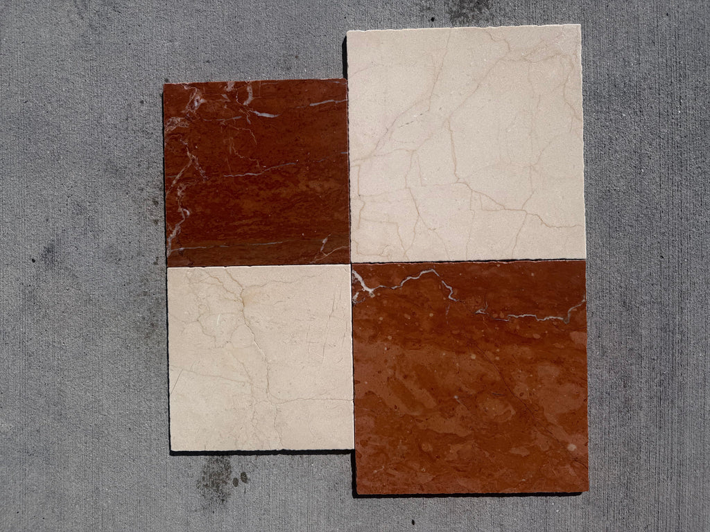 Rojo Alicante Rustic Modern Tumbled: 4 marble tiles in reddish-brown and off-white
