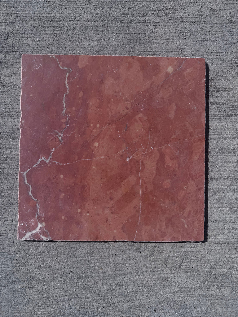 Rojo Alicante Rustic Modern Tumbled square reddish-brown marble tile with white veining