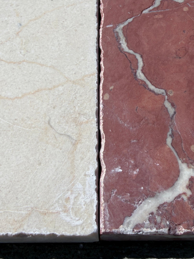 Rojo Alicante Rustic Modern Tumbled tiles: creamy white beige vein, red white streaks