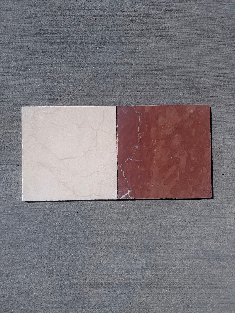 Rojo Alicante Rustic Modern Tumbled creamy white and reddish-brown marble tiles