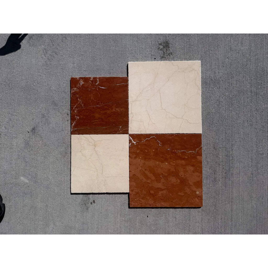 Rojo Alicante Rustic Modern Tumbled red brown and white veined marble tiles