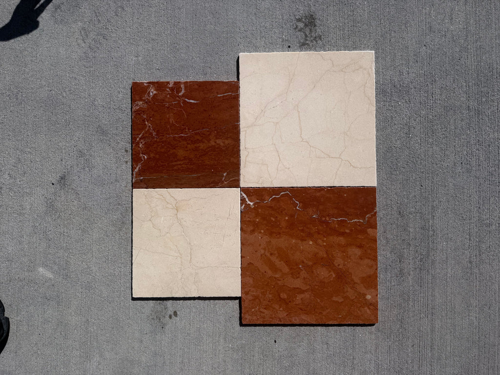 Rojo Alicante Rustic Modern Tumbled red brown and white veined marble tiles