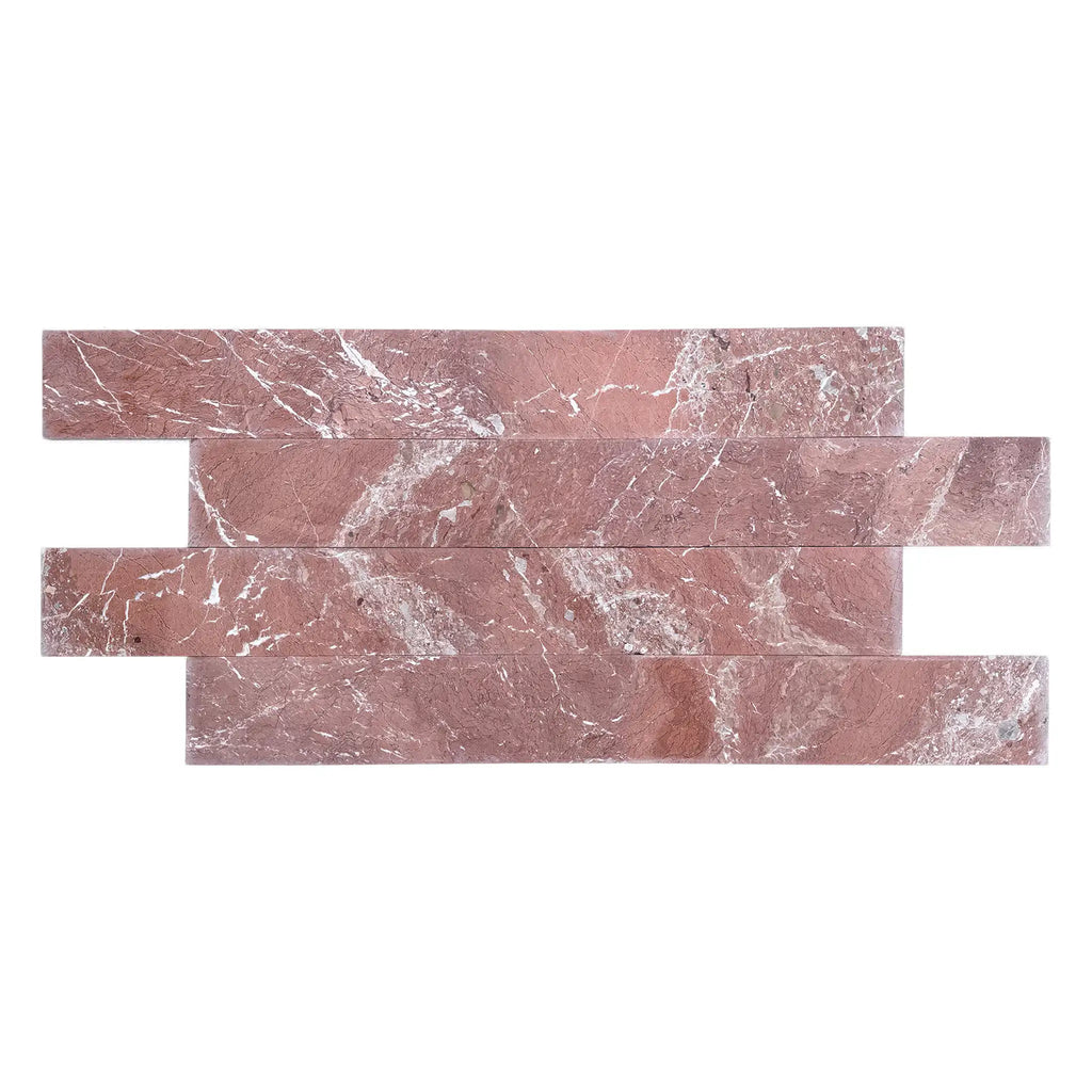 Pink Rojo Imperial marble tile with white veining in 6x24 staggered pattern