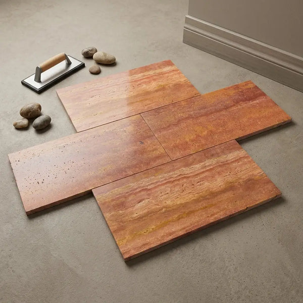 Four rojo red vein-cut travertine 12x24 filled polished honed tiles with terracotta color and natural veining arranged on floor