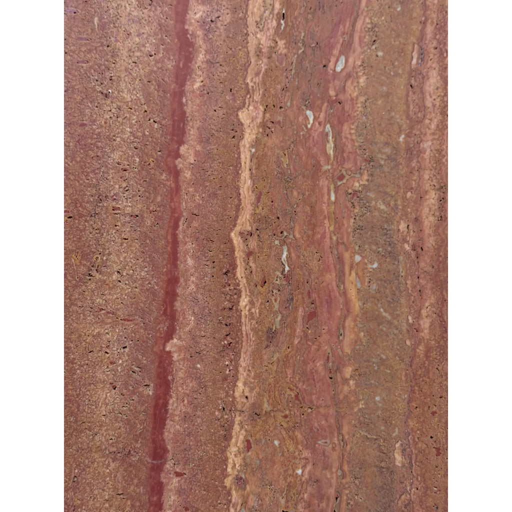 Rich terracotta and rust-colored marble with natural veining in rojo red vein-cut travertine 12x24 filled polished honed tile