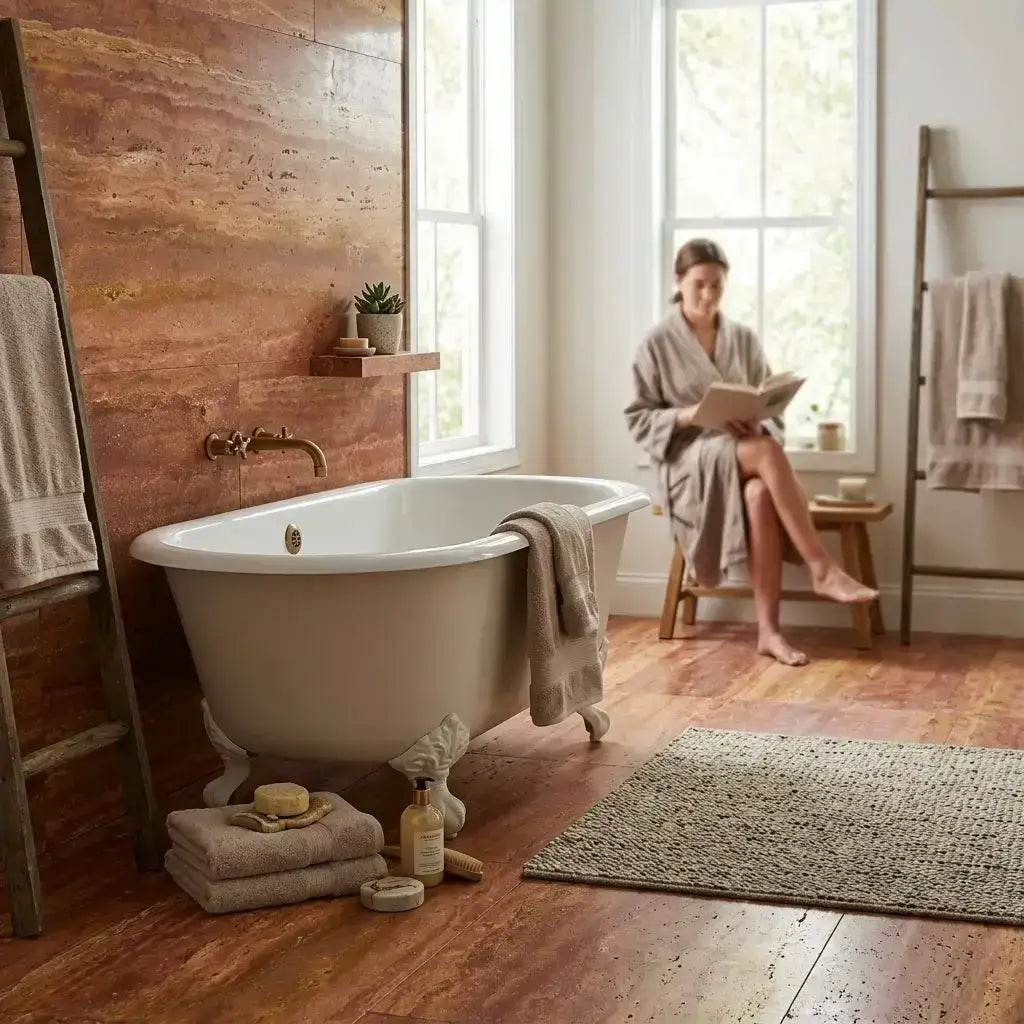 White clawfoot bathtub with ornate feet and gold faucet on rojo red vein-cut travertine 12x24 filled polished honed tile floor