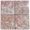 Four polished Rosé Aurora Marble 12x12 tiles with pinkish-red base and veining